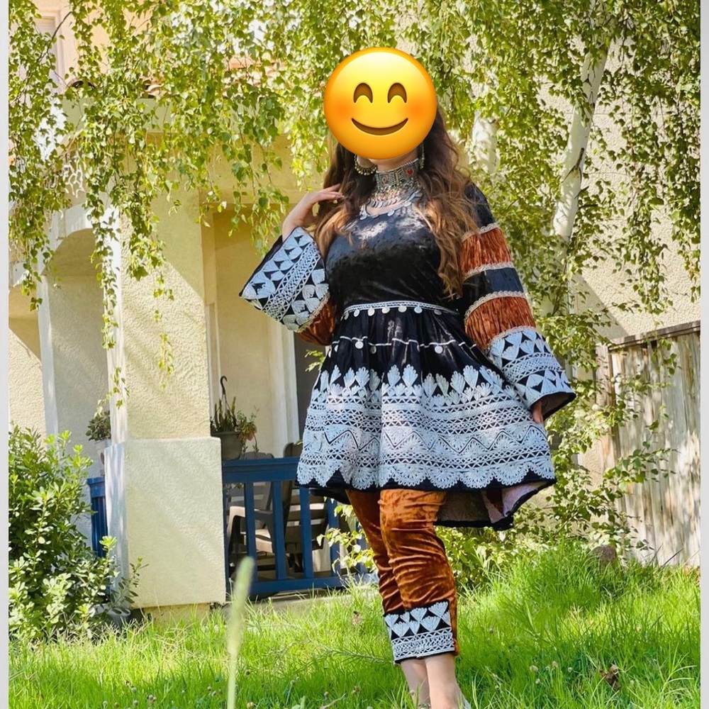 Short afghani dress with petite pants and light scarf